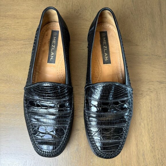 MEZLAN Mens Genuine Lizard Leather Penny Loafers 'ELDA' Dress Shoes Black 10.5 - Picture 2 of 10